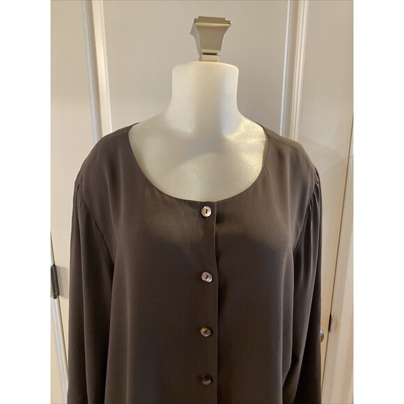 Eileen Fisher Silk L Brown Button Shirt‎ Jacket Lightweight Slits Sides - Picture 2 of 14
